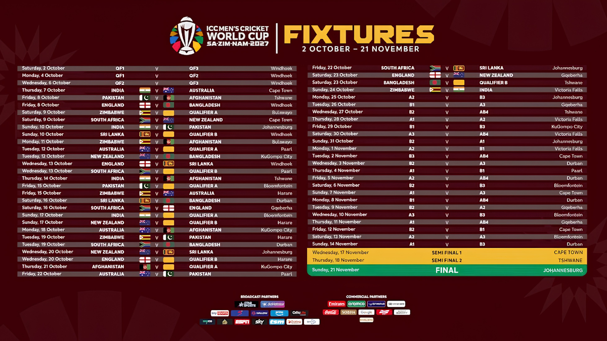 A tournament header sits above two columns listing match dates, team pairings, and host venues across a dark background.