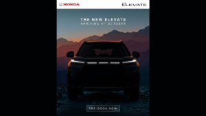 Centred in the foreground, The New Honda Elevate shows lit headlights against dusk mountain peaks in the background.