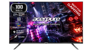 Feature badges, dark sports car on a wet street, glowing city buildings, Acerpure Nitro QLED TV display.