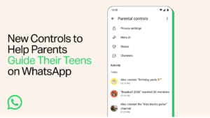 Text about new controls beside a phone showing WhatsApp parental controls for teens settings on a beige background graphic.