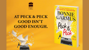 Text and a typewriter graphic on the left sit beside an upright copy of the book Peck & Peck against a yellow backdrop.