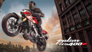 A rider wheelies a red Pulsar NS400Z on the left, with pulsar NS400Z text at the lower right against city buildings.