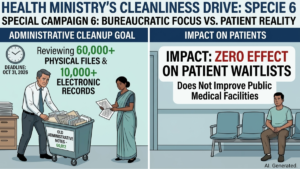 Two-panel graphic contrasting Special Campaign 6 administrative file sorting on the left with a waiting patient on the right.