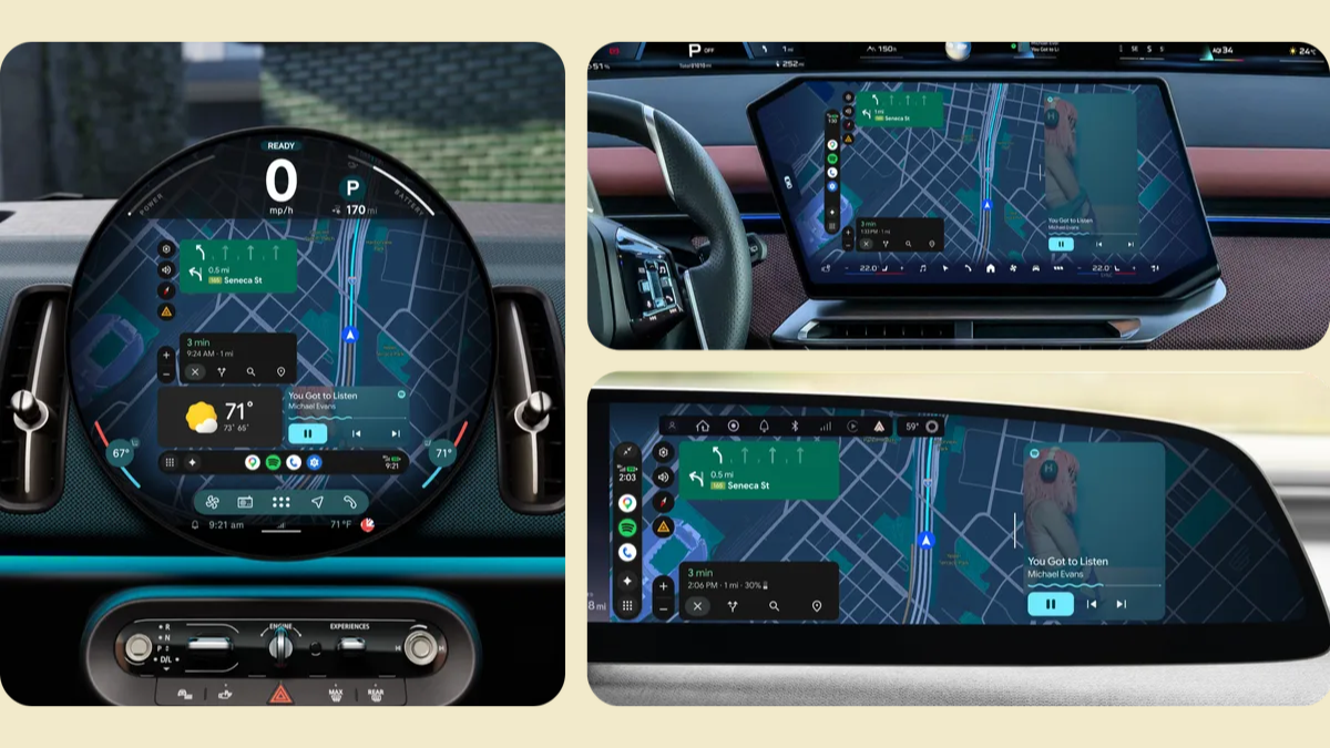 Circular screen on the left, angled display on top right, and wide curved monitor below showing map layouts.